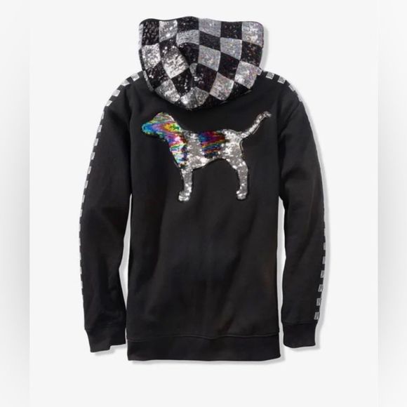 PINK VS CHECKERED FASHION SHOW RUNWAY BLING HOODIE LARGE - Picture 2 of 12